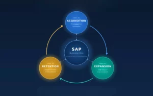 Diagrama de atribución de ingresos en bucle cerrado que muestra los bucles de adquisición, expansión y retención para el comercio electrónico B2B