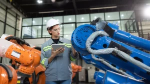 Técnico de campo que utiliza un portal de comercio electrónico de autoservicio B2B para dispositivos móviles en una tableta, en un entorno de distribución industrial.